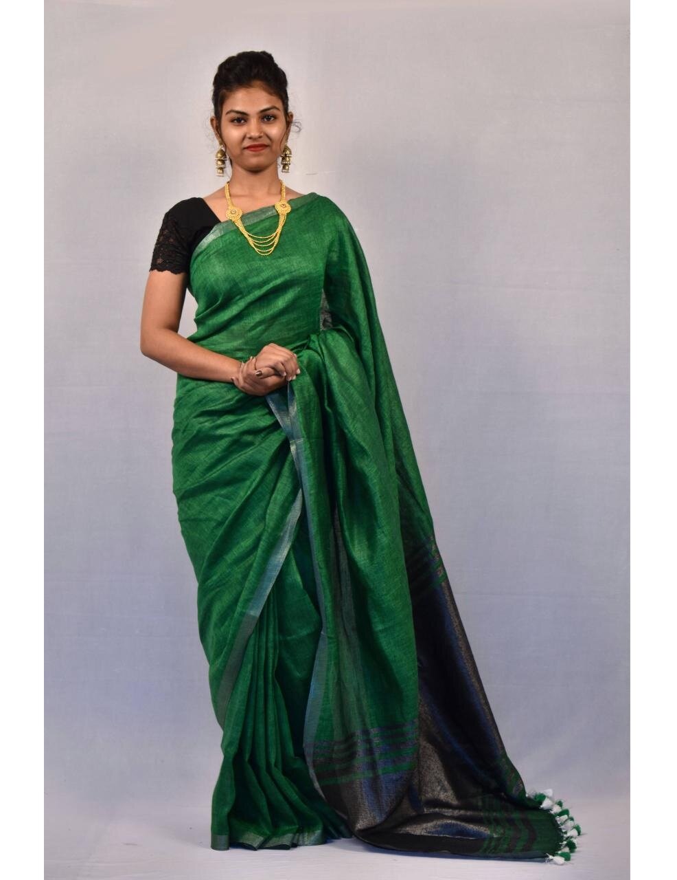 Green Pure Handloom Linen Pure Saree