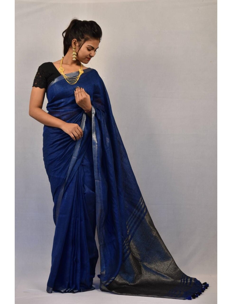 Blue Pure Handloom Linen Pure Saree