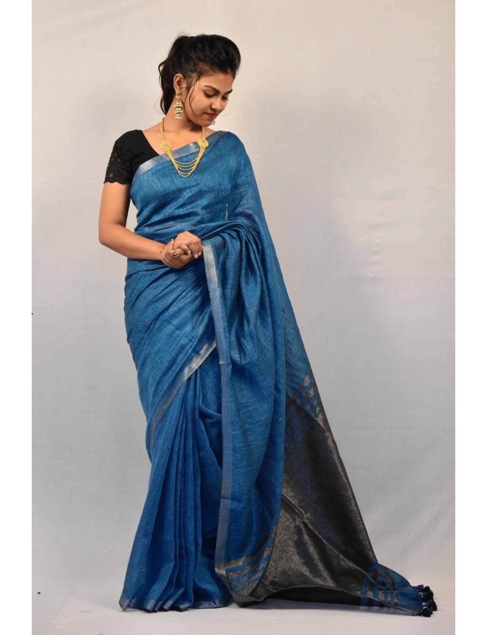 Blue Pure Handloom Linen Pure Saree