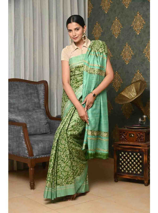PJMR23A019 Cream Green Handloom Pure Tussar Gicha Silk Saree
