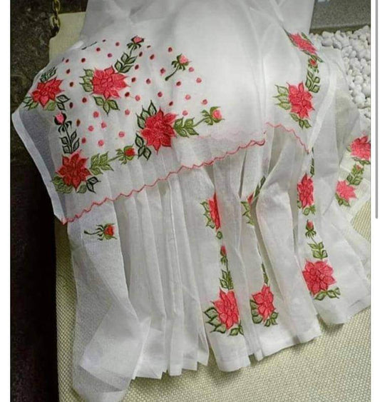 White Red Pure Embroidery Kota Cotton Saree