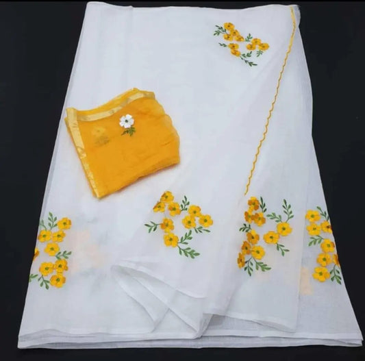 White Yellow Pure Embroidery Kota Cotton Saree
