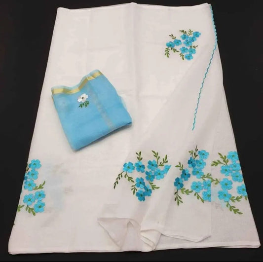 White Blue Pure Embroidery Kota Cotton Saree