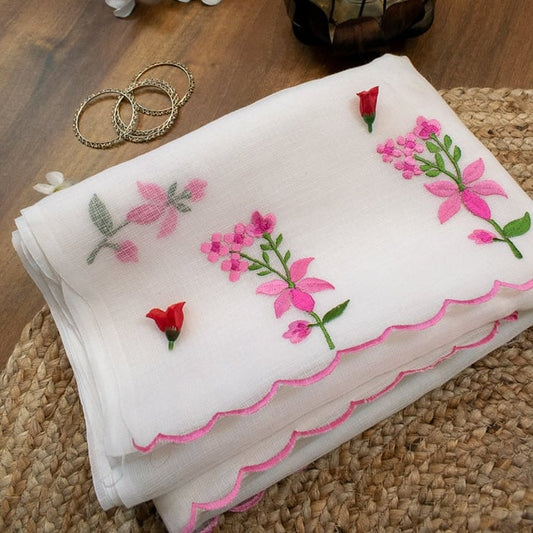 White Pink Pure Embroidery Kota Cotton Saree