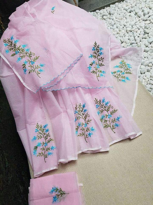 Pink Blue Pure Embroidery Kota Cotton Saree
