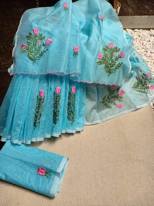 Blue Pink Pure Embroidery Kota Cotton Saree