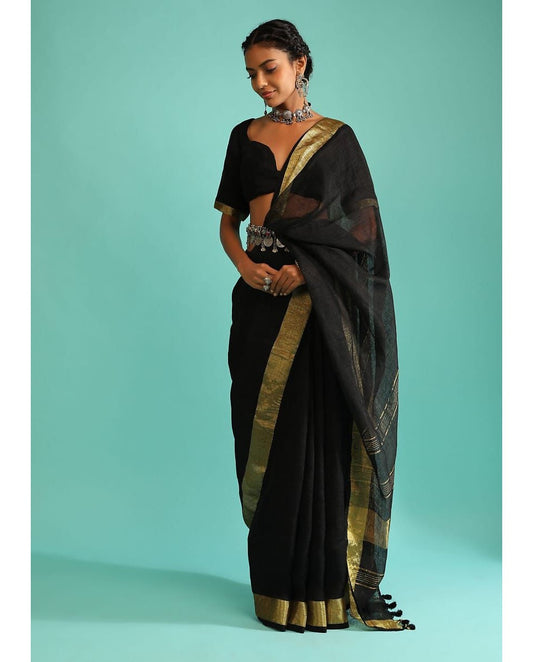 Black Gold Pure Handloom Linen Saree