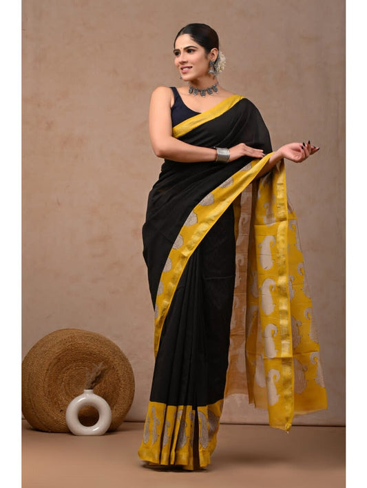 Black Yellow Hand Block Printed Maheswari Silk Saree