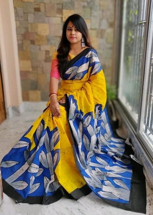 PJMR23A028 Yellow Blue Pure Handloom Bengal Cotton Saree