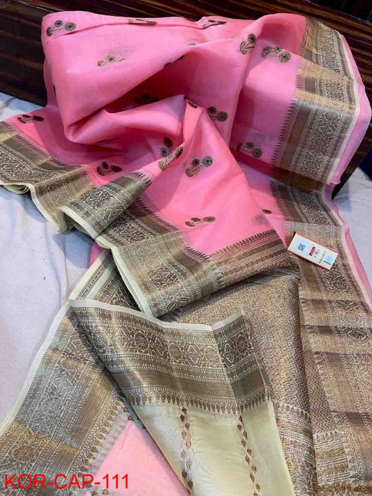 PJMR23A031 Pink Gold Pure Banarasi Organza Soft Silk Sarees