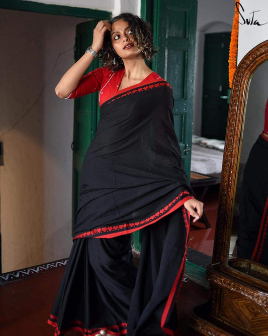 PJMR23A036 Black Red Pure Handloom Bengal Cotton Saree
