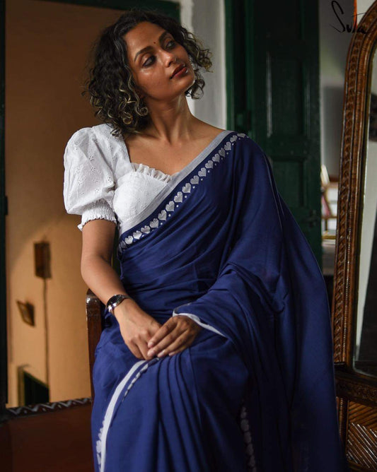 PJMR23A039 Blue White Pure Handloom Bengal Cotton Saree