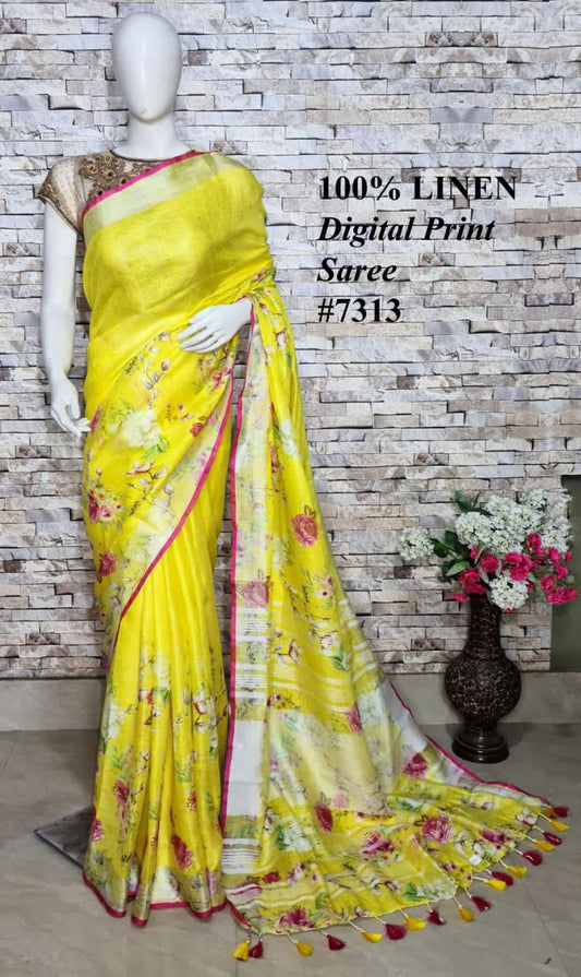 PJMR23A043 Yellow Silver Pure Handloom Linen Printed Saree