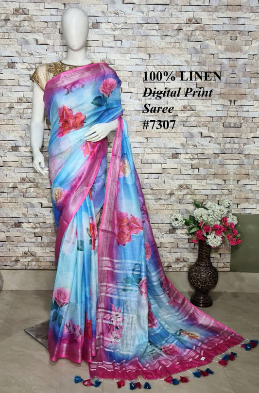 PJMR23A044 Blue Pink Pure Handloom Linen Printed Saree