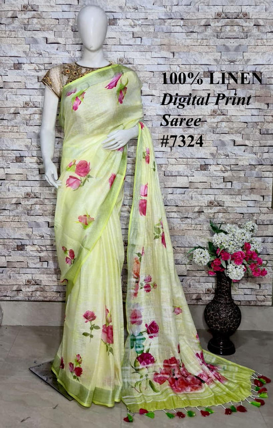 PJMR23A056 Yellow Silver Pure Handloom Linen Printed Saree