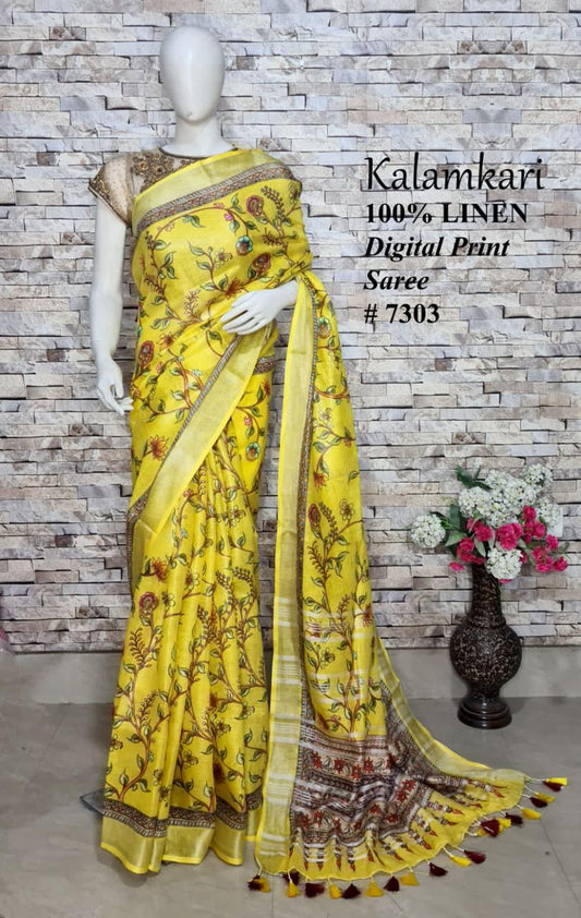 PJMR23A059 Yellow Silver Pure Handloom Linen Printed Saree