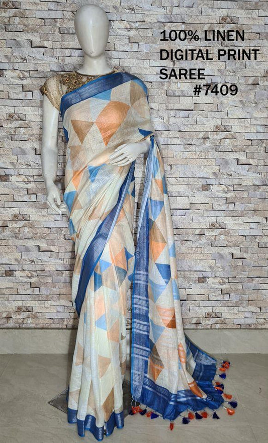 PJMR23A062 Cream Blue Pure Handloom Linen Printed Saree