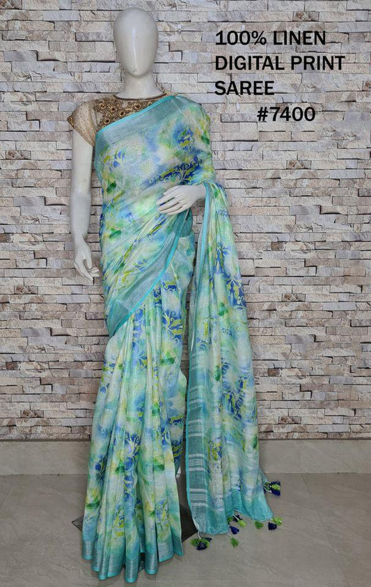 PJMR23A069 Blue Green Pure Handloom Linen Printed Saree