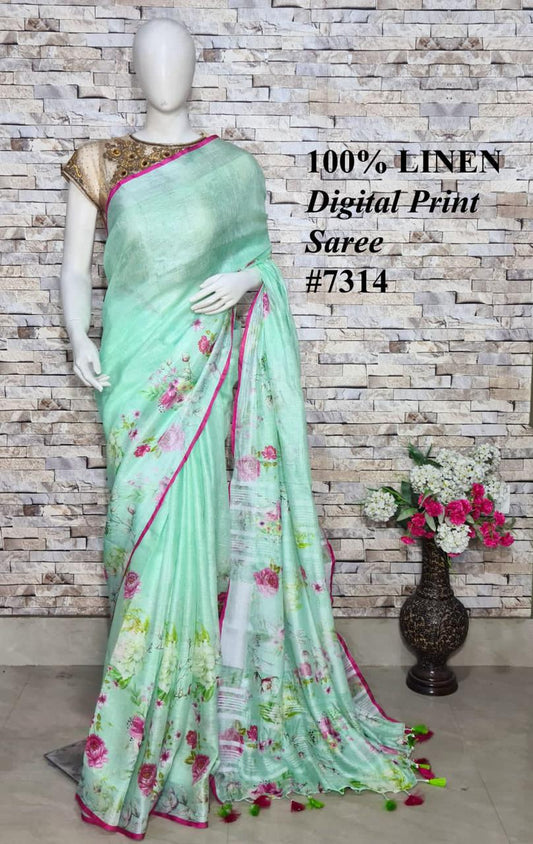 PJMR23A085 Green Silver Pure Handloom Linen Printed Saree