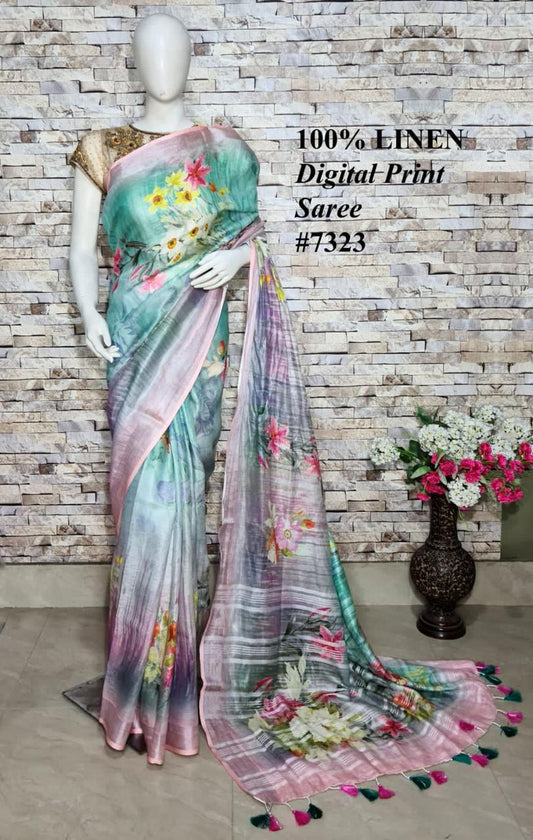 PJMR23A090 Green Silver Pure Handloom Linen Printed Saree