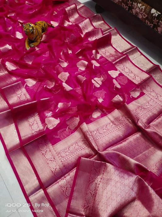 PJMR23A137 Rose Pure Banarasi Organza Soft Silk Sarees