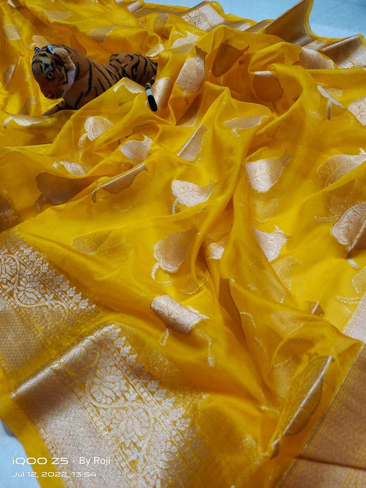 PJMR23A099 Yellow Pure Banarasi Organza Soft Silk Sarees