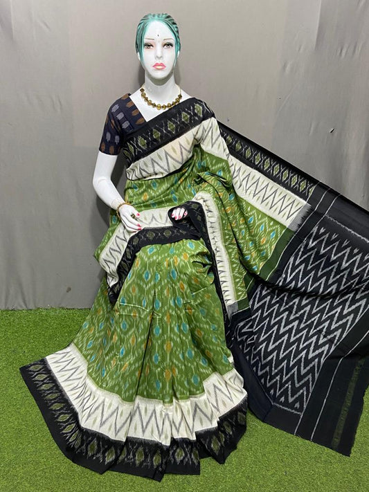 PJMR23A138 Green Black Handloom Pochampally Ikkat Mercerized Cotton Saree
