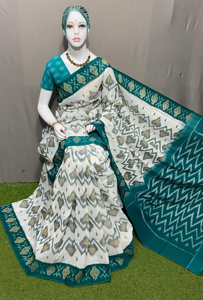 PJMR23A139 White Blue Handloom Pochampally Ikkat Mercerized Cotton Saree