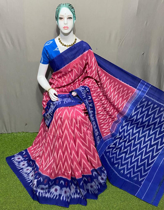 PJMR23A140 Pink Blue Handloom Pochampally Ikkat Mercerized Cotton Saree
