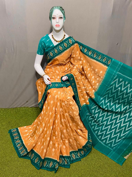 PJMR23A143 Yellow Green Handloom Pochampally Ikkat Mercerized Cotton Saree