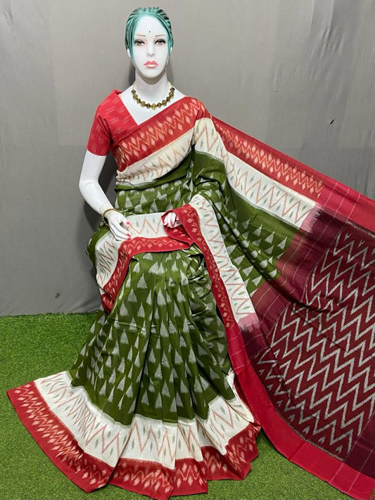 PJMR23A147 Green Maroon Handloom Pochampally Ikkat Mercerized Cotton Saree