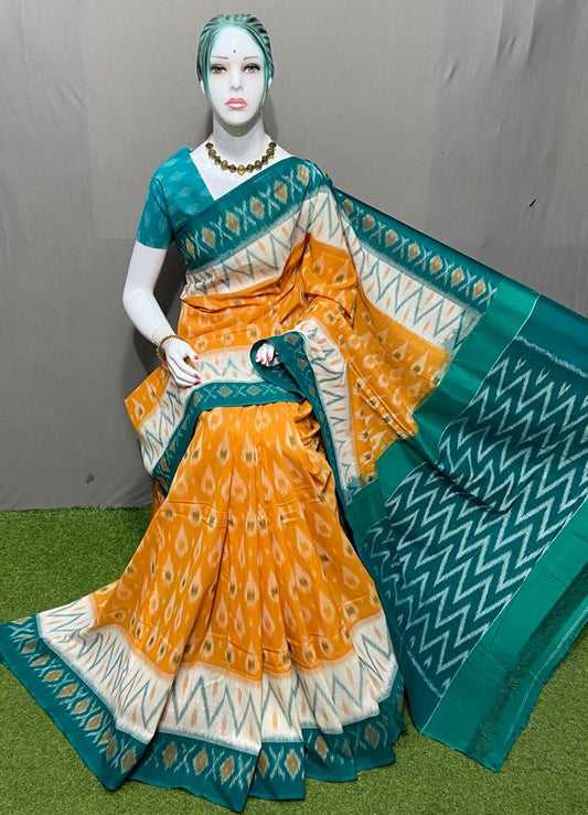 PJMR23A148 Yellow Green Handloom Pochampally Ikkat Mercerized Cotton Saree