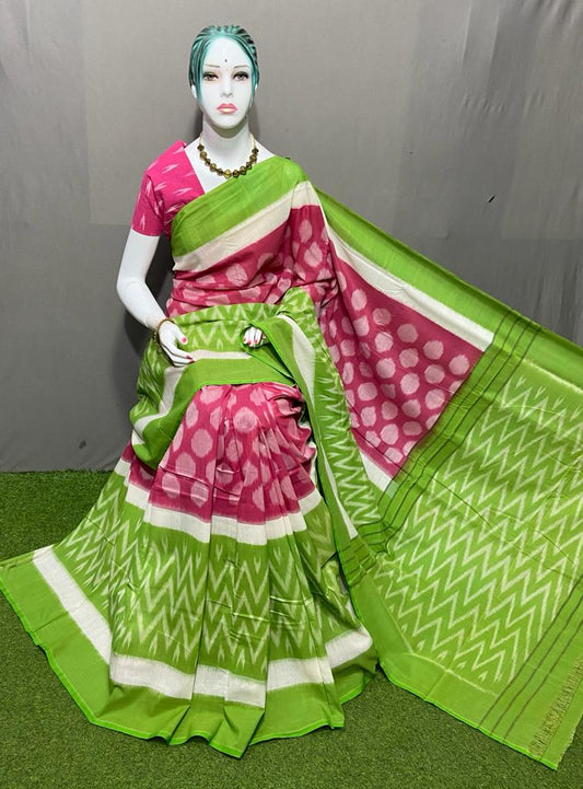 PJMR23A149 Pink Green Handloom Pochampally Ikkat Mercerized Cotton Saree