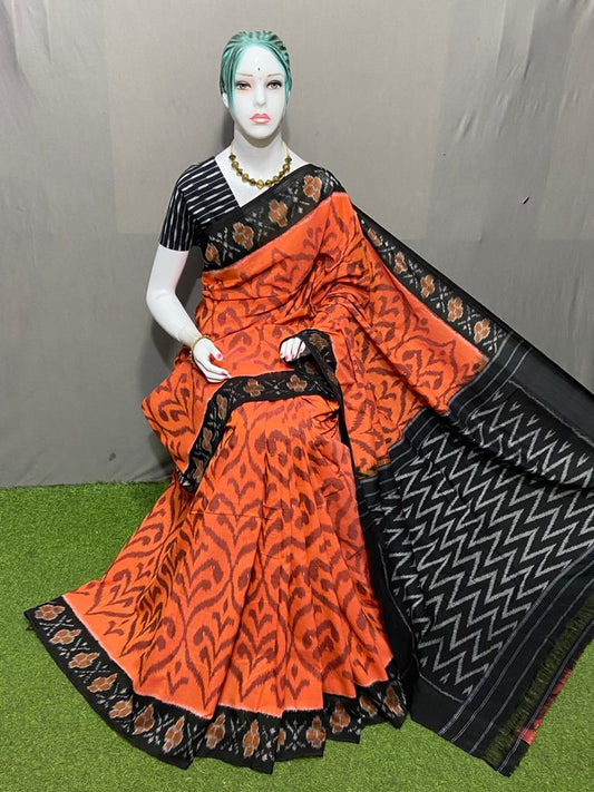 PJMR23A150 Orange Black Handloom Pochampally Ikkat Mercerized Cotton Saree