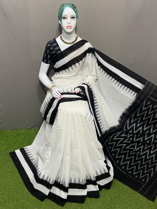 PJMR23A153 White Black Handloom Pochampally Ikkat Mercerized Cotton Saree