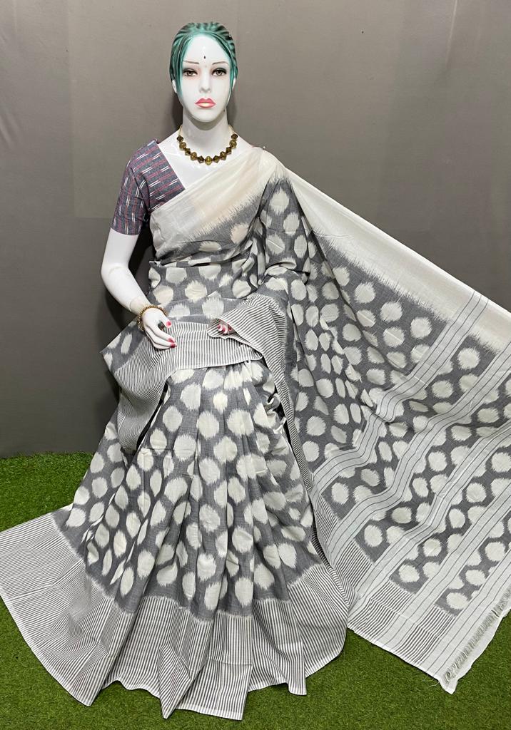 PJMR23A159 White Grey Handloom Pochampally Ikkat Mercerized Cotton Saree