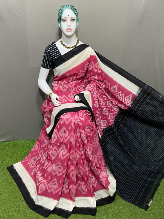 PJMR23A160 Pink Black Handloom Pochampally Ikkat Mercerized Cotton Saree