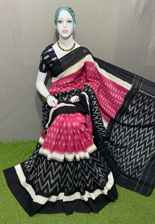 PJMR23A162 Pink Black Handloom Pochampally Ikkat Mercerized Cotton Saree