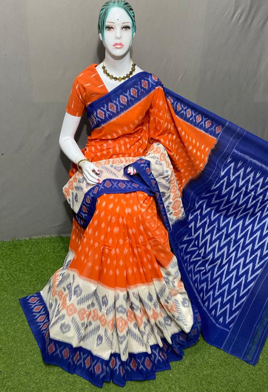 PJMR23A164 Orange Blue Handloom Pochampally Ikkat Mercerized Cotton Saree
