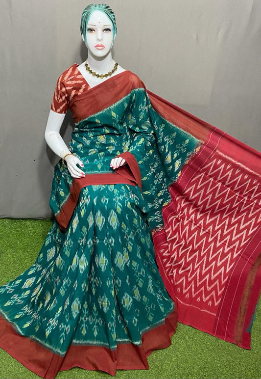 PJMR23A165 Green Red Handloom Pochampally Ikkat Mercerized Cotton Saree