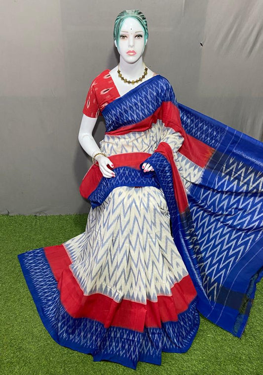 PJMR23A167 Red Blue Handloom Pochampally Ikkat Mercerized Cotton Saree