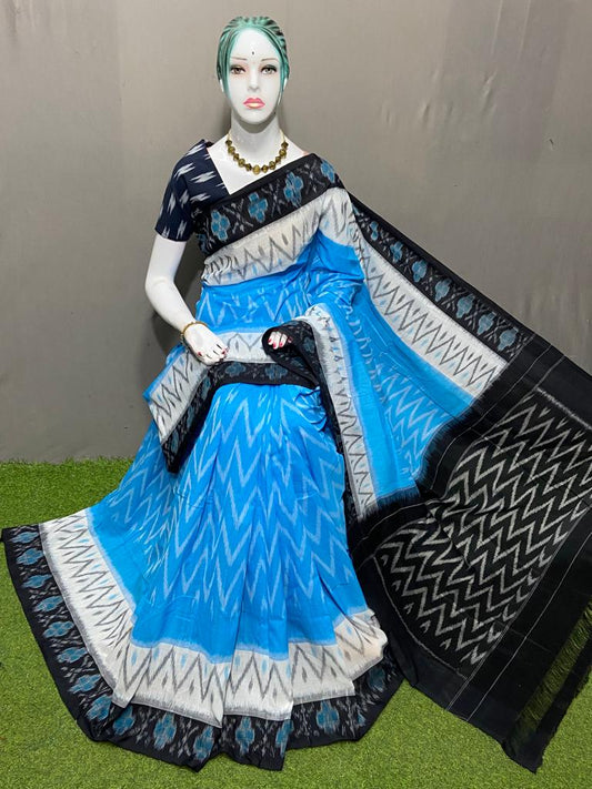 PJMR23A168 Blue Black Handloom Pochampally Ikkat Mercerized Cotton Saree
