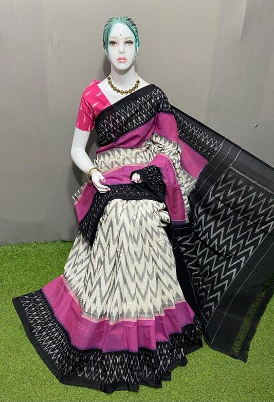 PJMR23A169 Rose Black Handloom Pochampally Ikkat Mercerized Cotton Saree