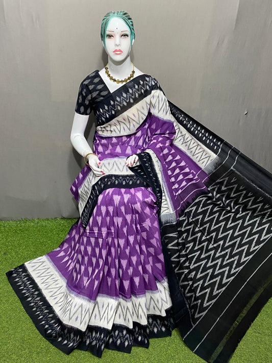PJMR23A170 Purple Black Handloom Pochampally Ikkat Mercerized Cotton Saree