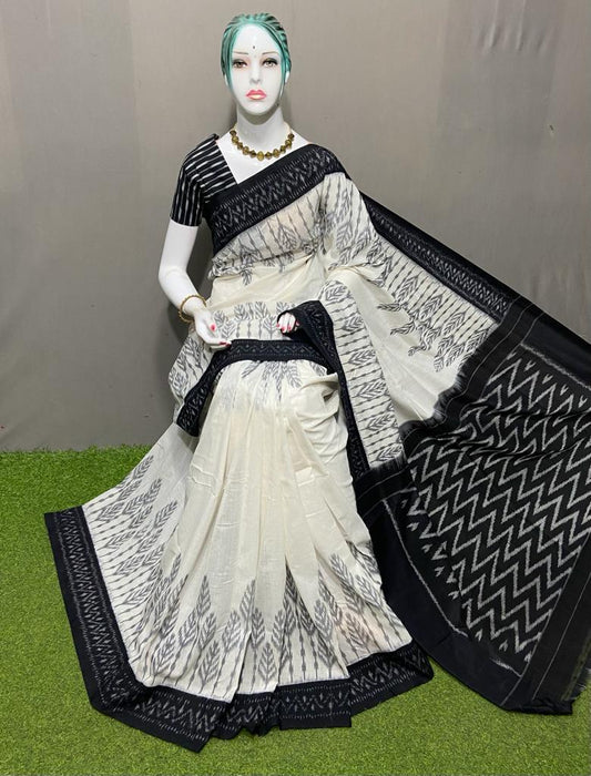 PJMR23A171 Black White Handloom Pochampally Ikkat Mercerized Cotton Saree