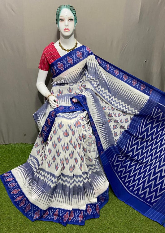 PJMR23A173 White Blue Handloom Pochampally Ikkat Mercerized Cotton Saree