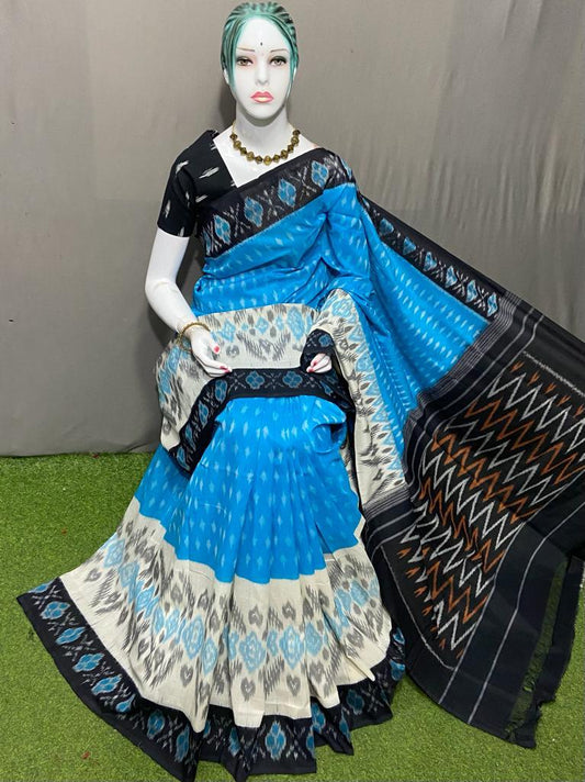 PJMR23A174 Blue Black Handloom Pochampally Ikkat Mercerized Cotton Saree