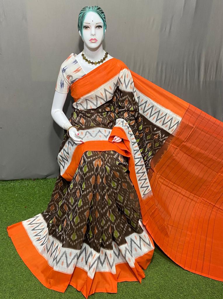 PJMR23A175 Brown Orange Handloom Pochampally Ikkat Mercerized Cotton Saree