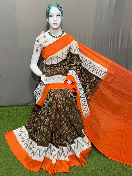 PJMR23A175 Brown Orange Handloom Pochampally Ikkat Mercerized Cotton Saree
