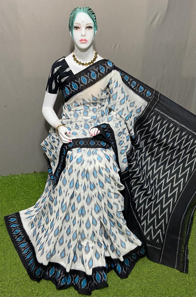 PJMR23A176 White Black Handloom Pochampally Ikkat Mercerized Cotton Saree